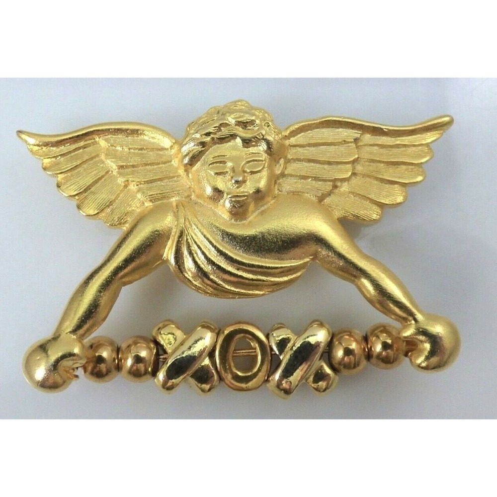 Angel Brooch Pin Wire Hugs Kisses Wings Brushed Gold Valentine's Day Vintage